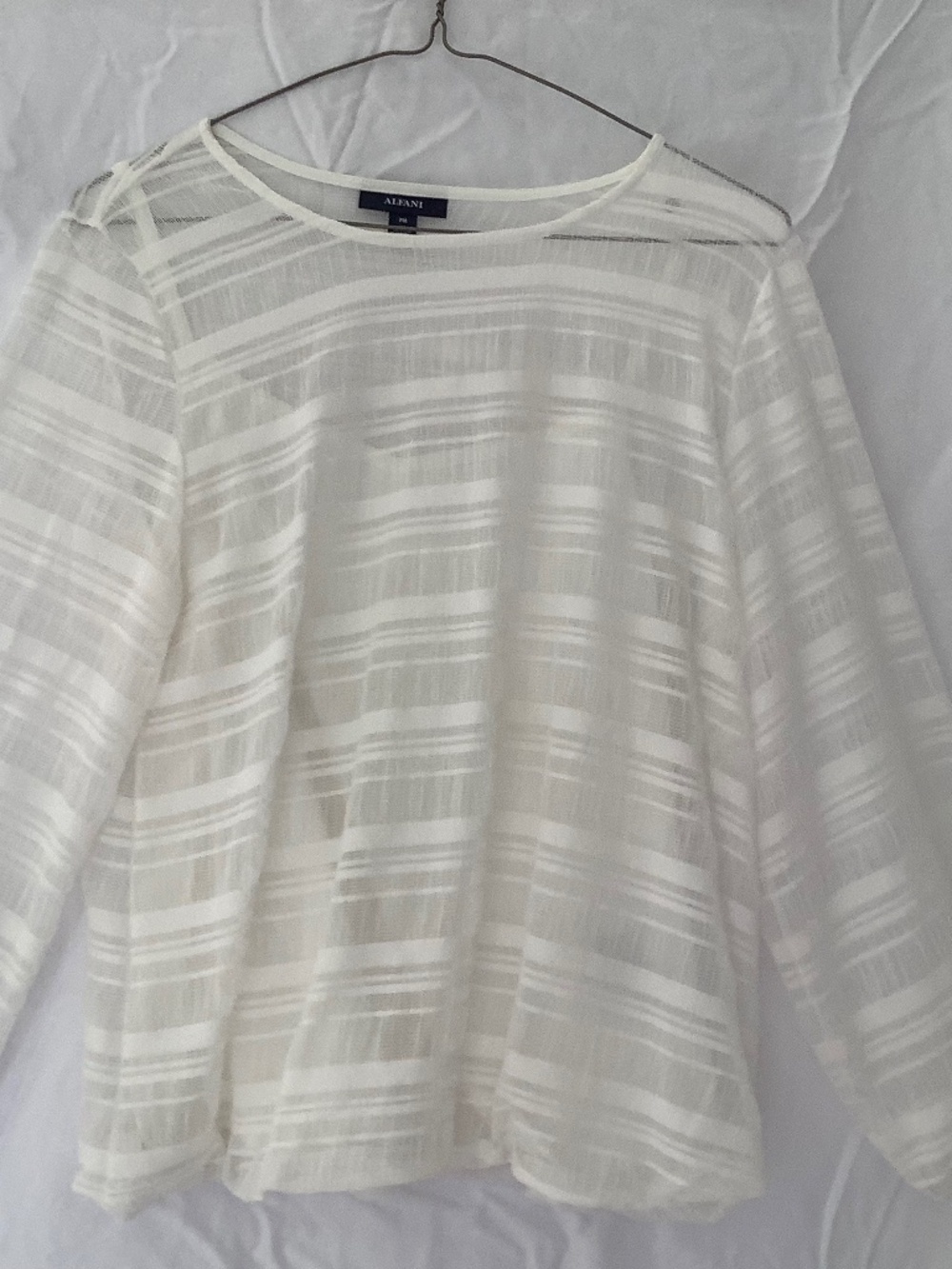 Alfani Petite Women's PM Ivory Striped Round Neck Lace Lined Long Sleeve Blouse